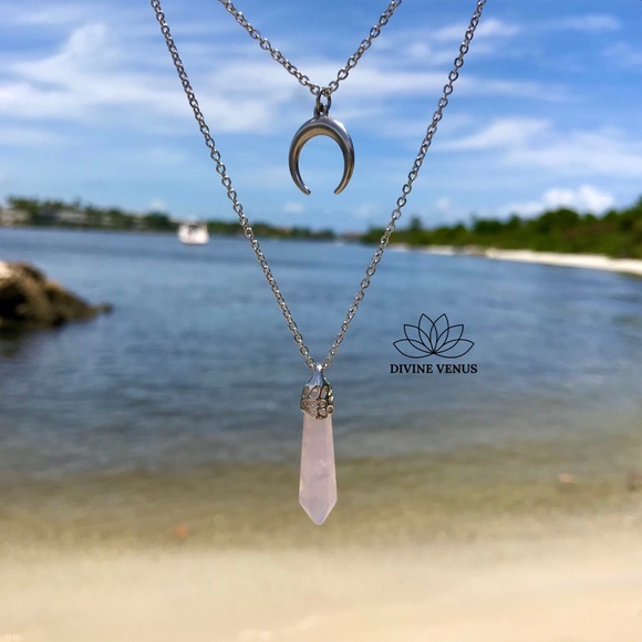 Rose Quartz Crescent Moon Layered Necklace - Picture 3 of 15